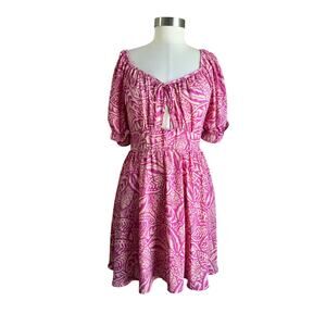 Sienna Sky Pink Printed Smocked Mini Dress Cottagecore Boho Puff Sleeve M